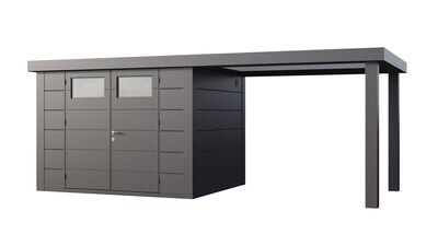 Abri de jardin en acier Eleganto 3024 de 7,1 m² avec auvent large ouvert 6.8m²