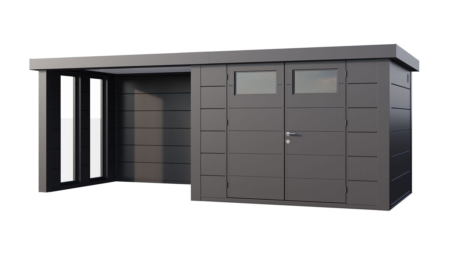 Abri de jardin en acier Eleganto 3024 de 7,1 m² avec auvent small fermé et fenêtres