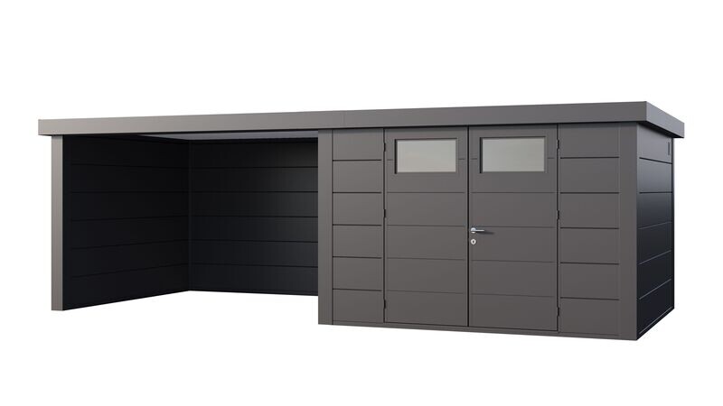 Abri de jardin en acier Eleganto 3330 de 9,8 m² avec auvent large fermé de 10,2m²