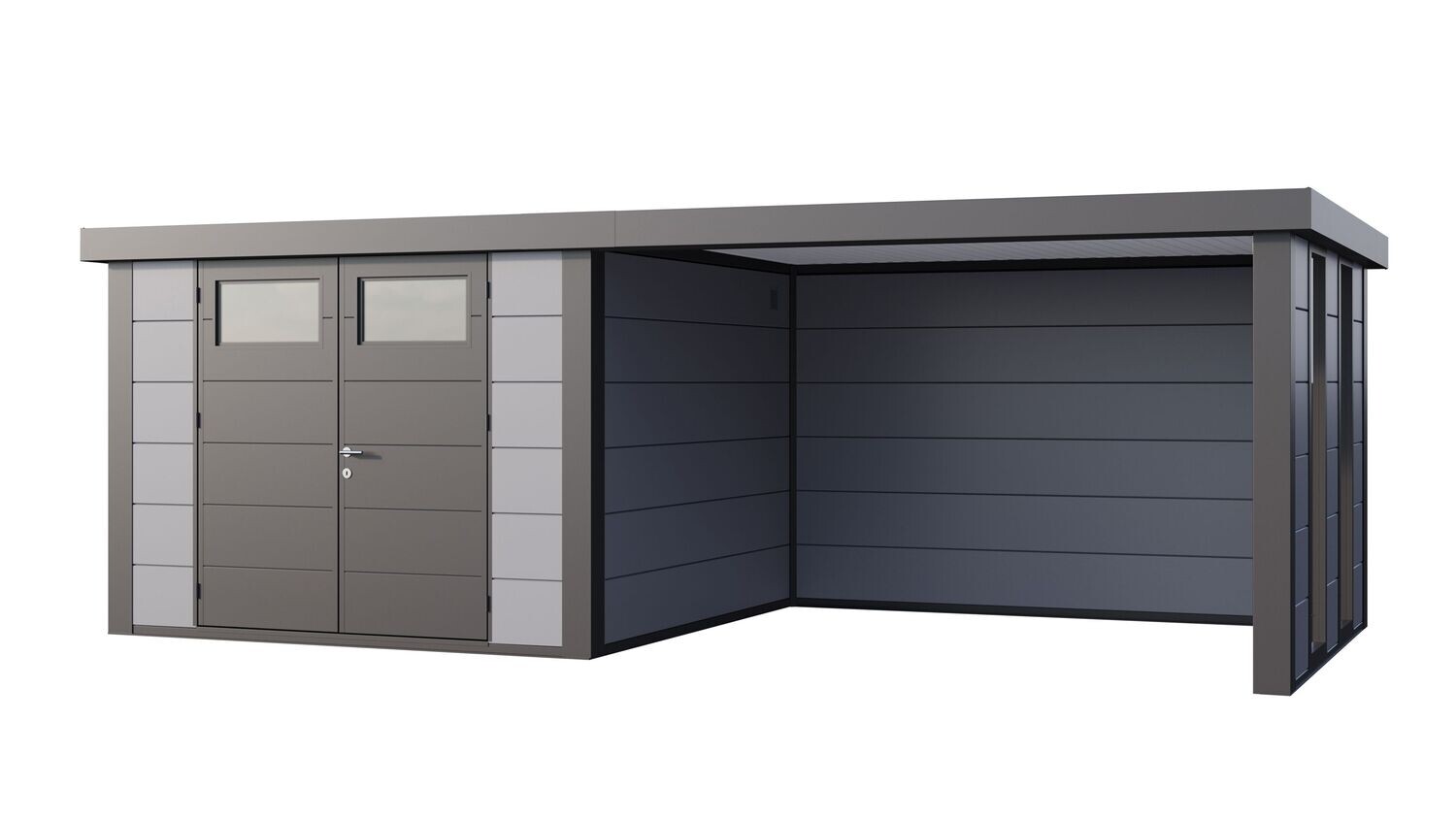 Abri de jardin en acier Eleganto 3330 de 9,8 m² avec auvent large fermé de 10,2m² et fenêtres