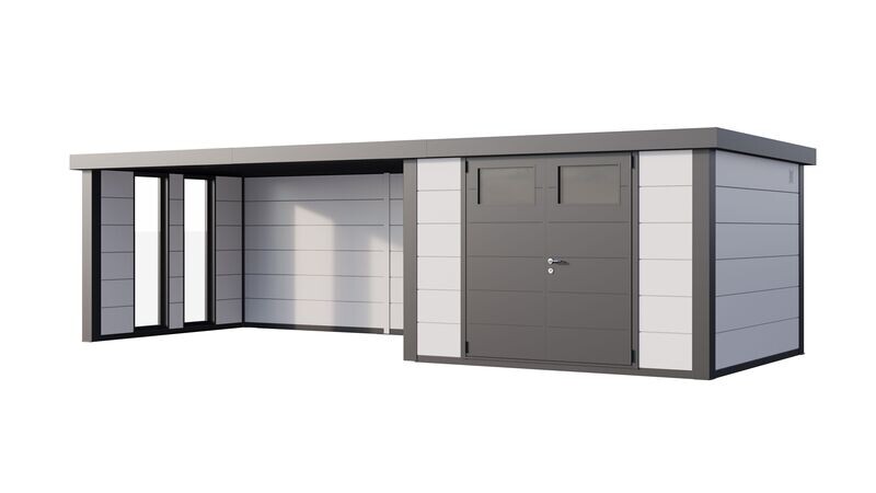 Abri de jardin en acier Eleganto 3330 de 9,8 m² avec auvent extra large de 13.8m² et fenêtres