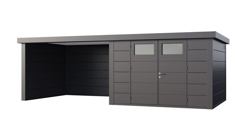 Abri de jardin en acier Eleganto 3030 de 8,9 m² avec auvent large fermé