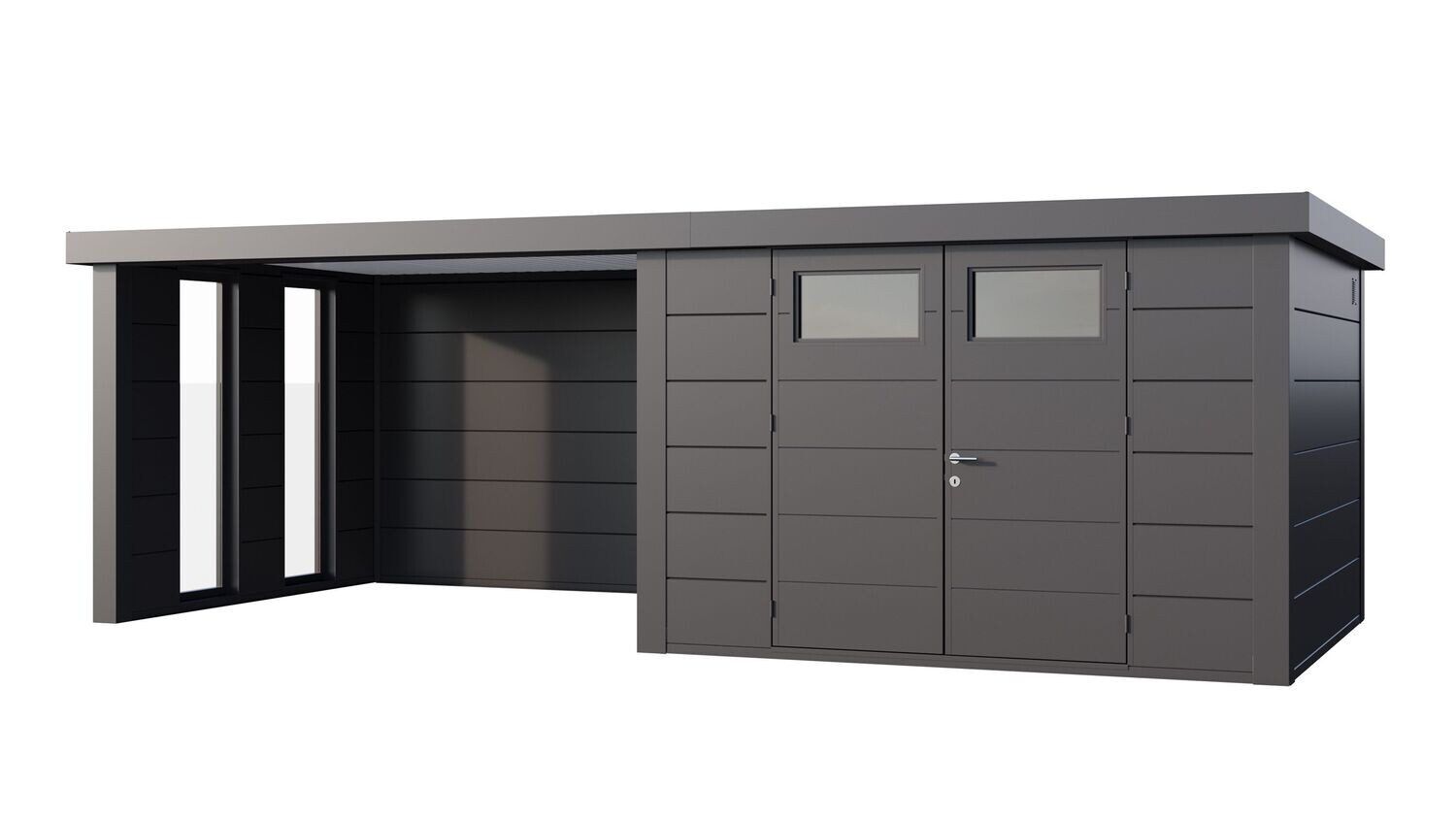 Abri de jardin en acier Eleganto 3030 de 8,9 m² avec auvent large fermé et fenêtres