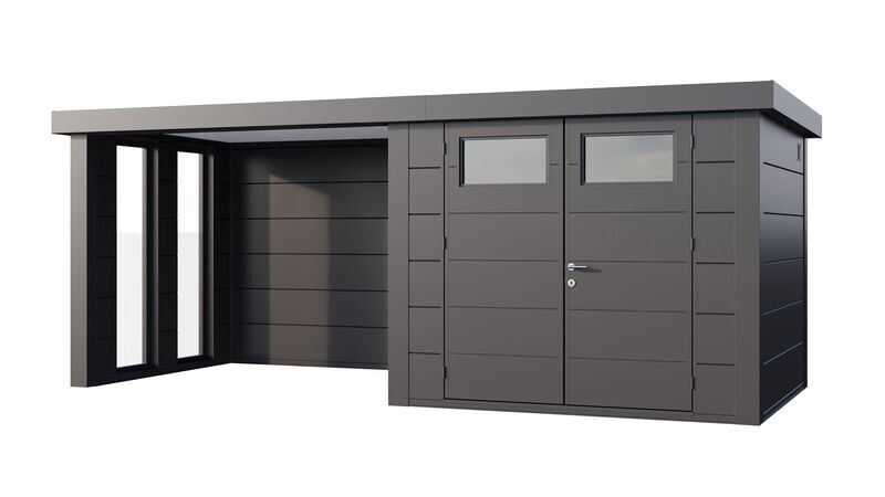 Abri de jardin en acier Eleganto 2724 de 6,4 m² avec auvent small fermé et fenêtres