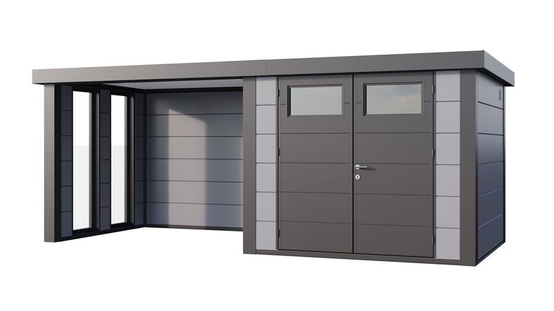 Abri de jardin en acier Eleganto 2724 de 6,4 m² avec auvent small fermé et fenêtres