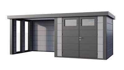 Abri de jardin en acier Eleganto 2724 de 6,4 m² avec auvent small fermé et fenêtres