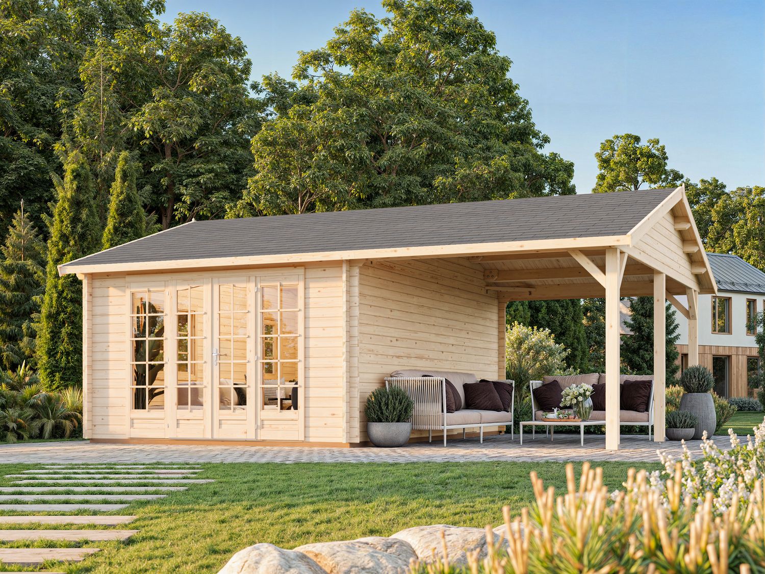 Abri de jardin deux pentes Irene 19+16.2 m2 en bois 44 mm au choix avec plancher