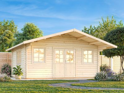 Abri de jardin toit deux pentes Helena 24,6 m2 en bois 70 mm avec plancher au choix