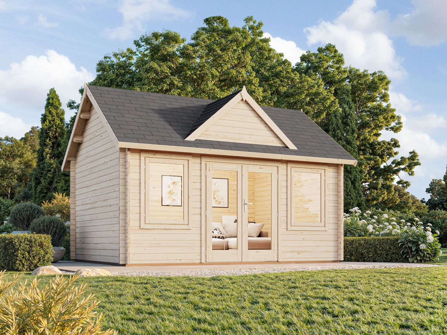 Abri de jardin deux pentes Claudia 14,2 m2 en bois 44 mm au choix avec plancher