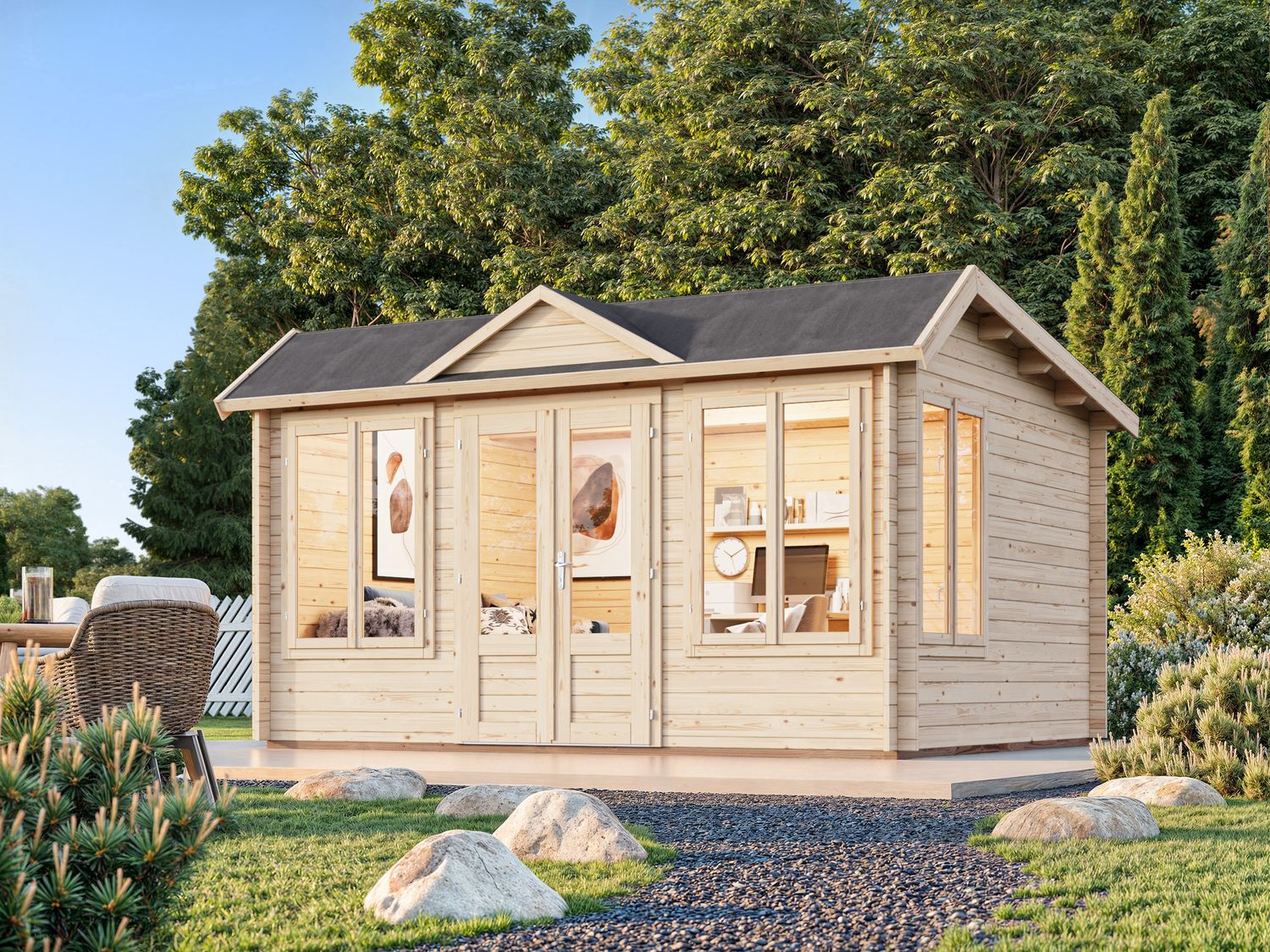 Abri de jardin deux pentes asymétrique Claudia 11,5 m2 en bois 34 mm au choix avec plancher
