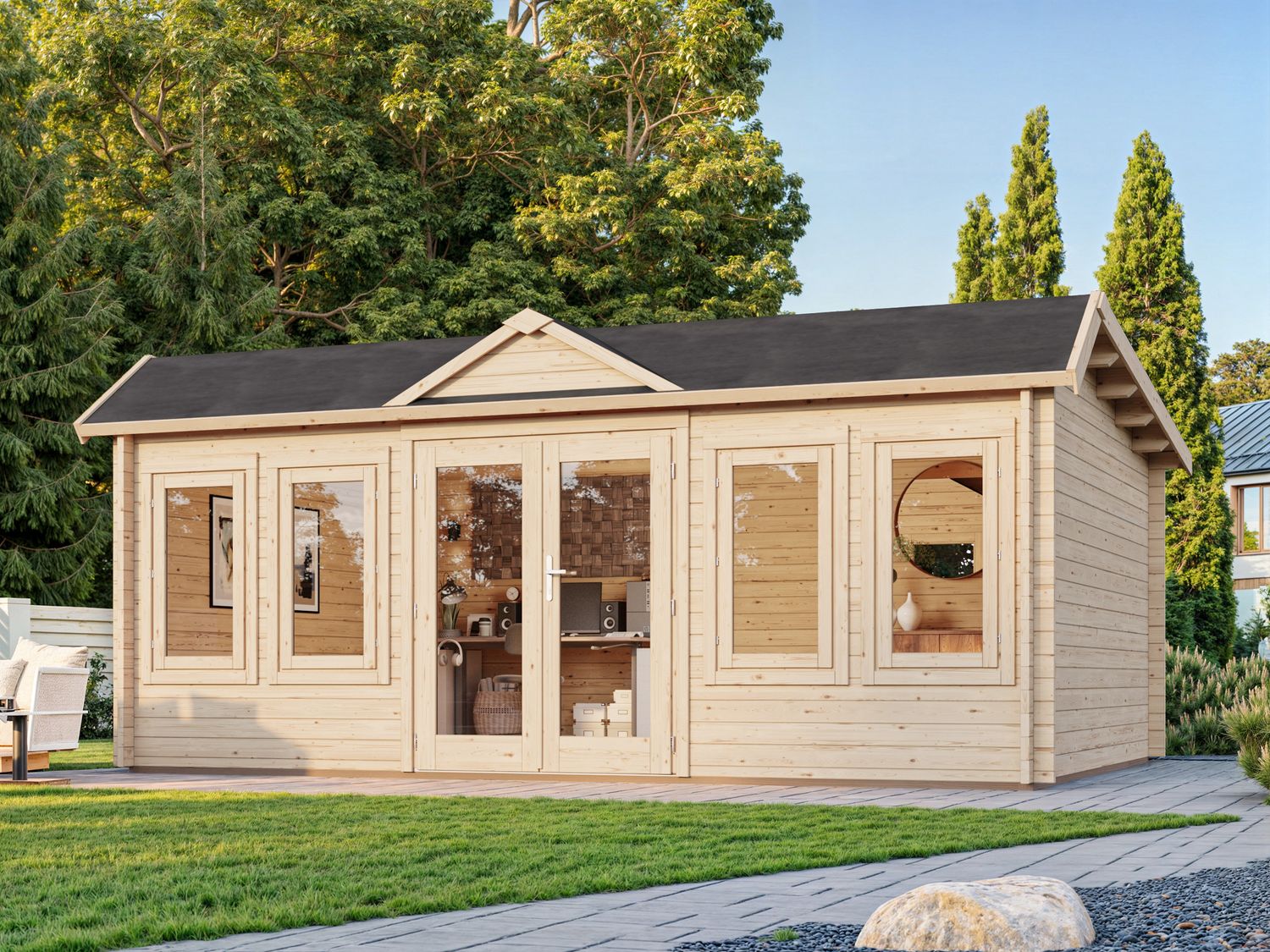 Abri de jardin deux pentes asymétrique Claudia 19,4 m2 en bois 44 mm au choix avec plancher
