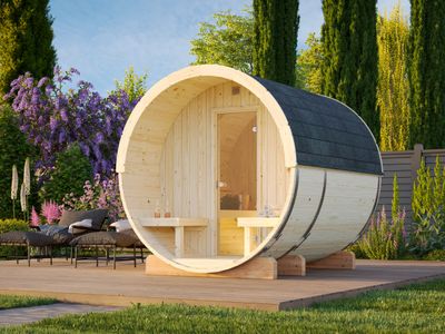 Sauna tonneau d&#39;extérieur ANITA 1,3+0,7 m2 en bois 42 mm bardeaux de toit inclus