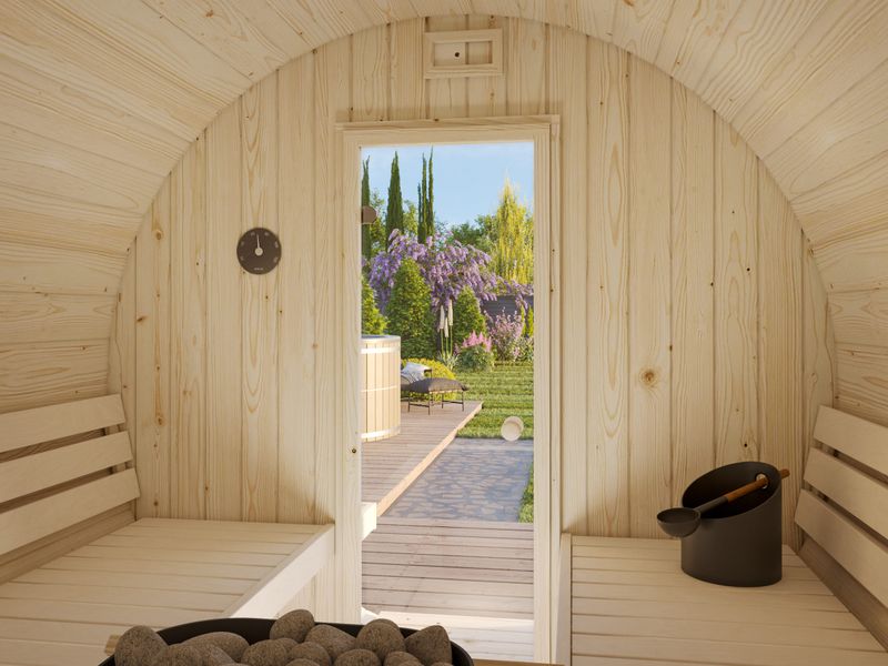 Sauna tonneau d'extérieur ANITA 1,3+0,7 m2 en bois 42 mm bardeaux de toit inclus