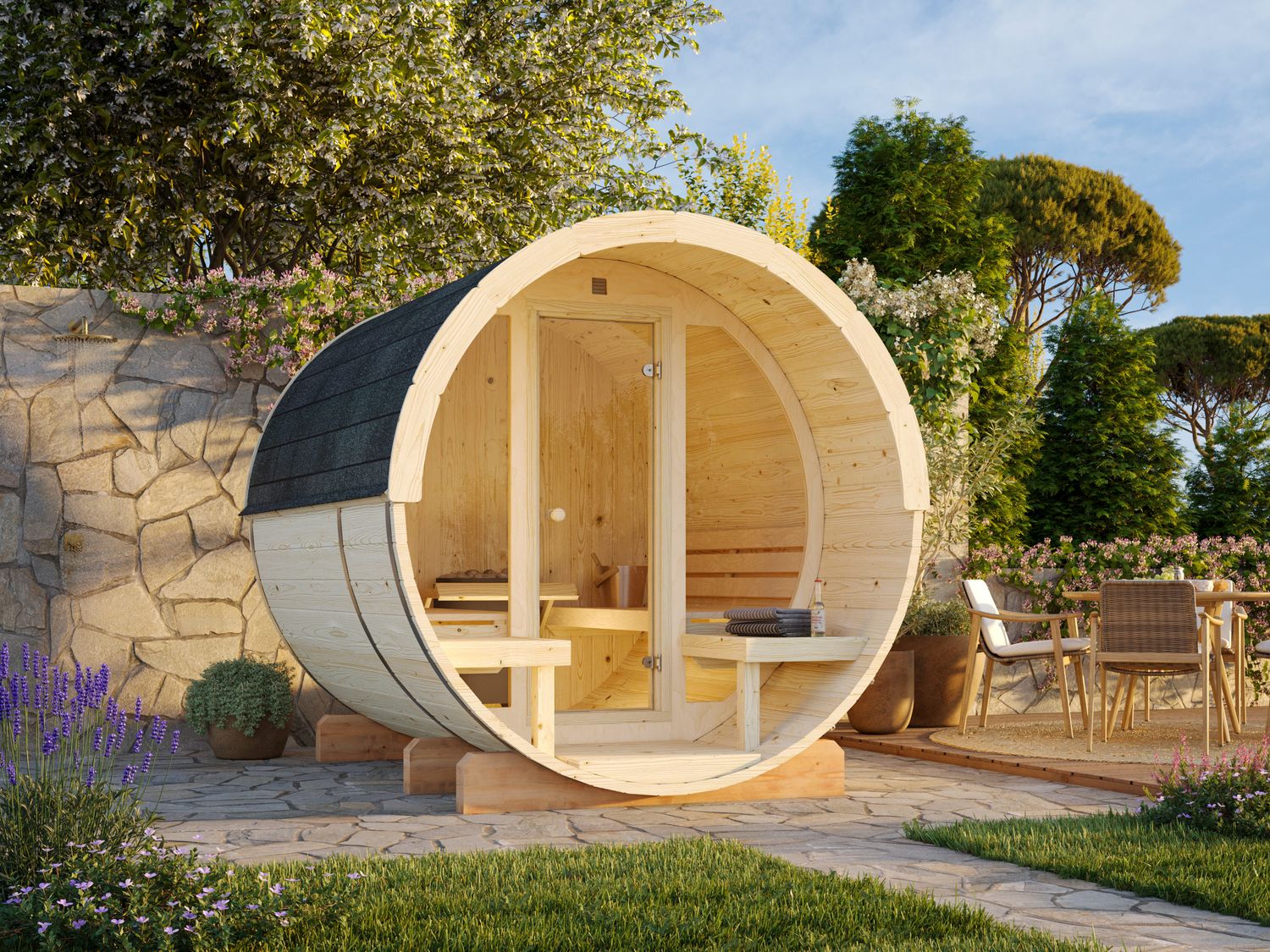 Sauna tonneau d&#39;extérieur ANITA 1,3+0,7 m2 en bois 42 mm Façade vitrée bardeaux de toit inclus