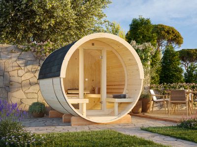 Sauna tonneau d&#39;extérieur ANITA 1,3+0,7 m2 en bois 42 mm Façade vitrée bardeaux de toit inclus
