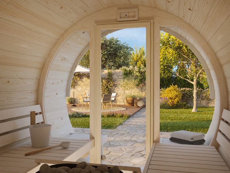 Sauna tonneau d'extérieur ANITA 1,3+0,7 m2 en bois 42 mm Façade vitrée bardeaux de toit inclus