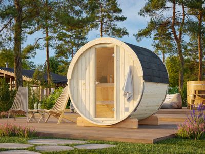 Sauna tonneau d&#39;extérieur ANITA 0,9 m2 en bois 42 mm bardeaux de toit inclus