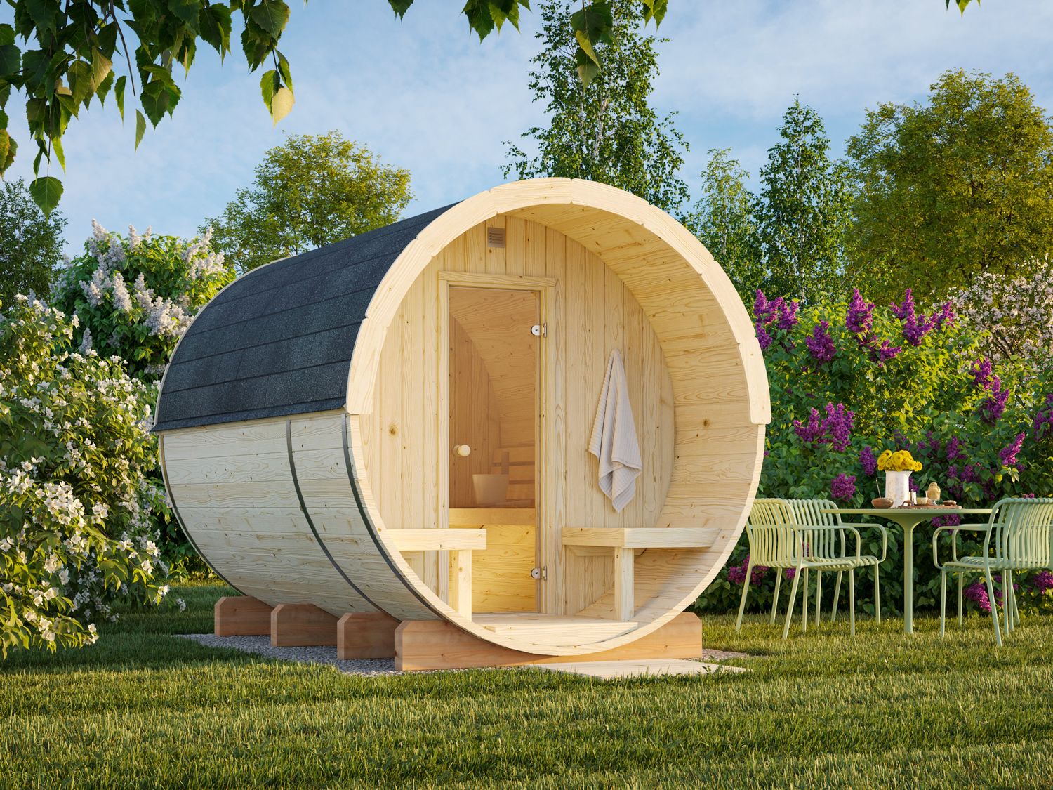 Sauna tonneau d&#39;extérieur ANITA 1,6+0,7 m2 en bois 42 mm bardeaux de toit inclus