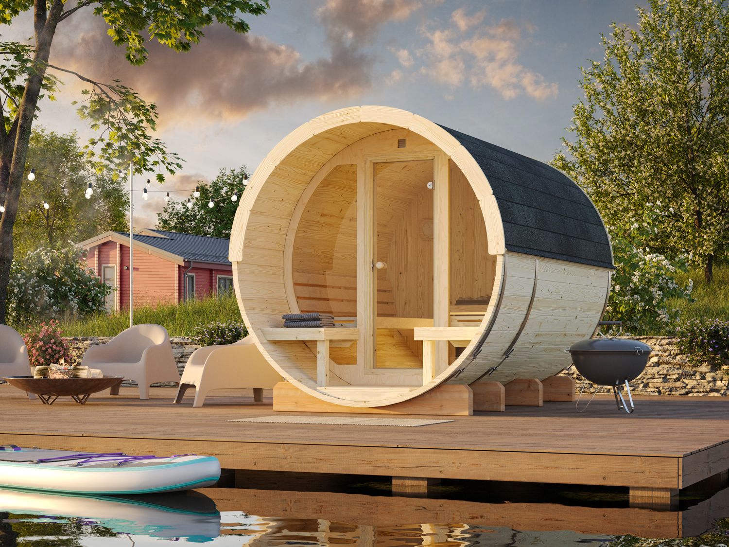 Sauna tonneau d&#39;extérieur ANITA 1,6+0,7 m2 en bois 42 mm Façade vitrée  bardeaux de toit inclus