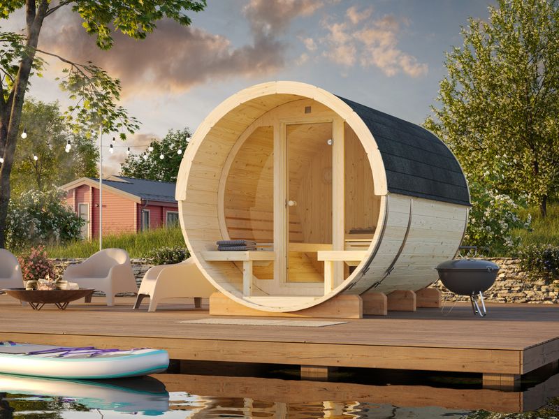 Sauna tonneau d&#39;extérieur ANITA 1,6+0,7 m2 en bois 42 mm Façade vitrée  bardeaux de toit inclus