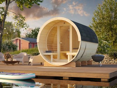 Sauna tonneau d&#39;extérieur ANITA 1,6+0,7 m2 en bois 42 mm Façade vitrée  bardeaux de toit inclus