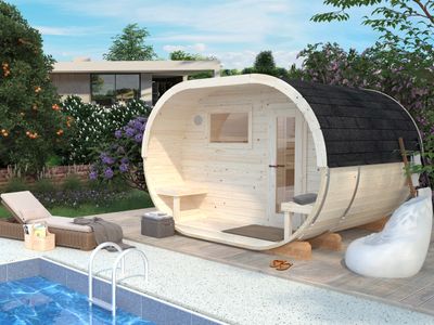 SAUNA ovale d&#39;extérieur ANETTE 3,0+1,5 m2 en bois 42 mm bardeaux de toit inclus