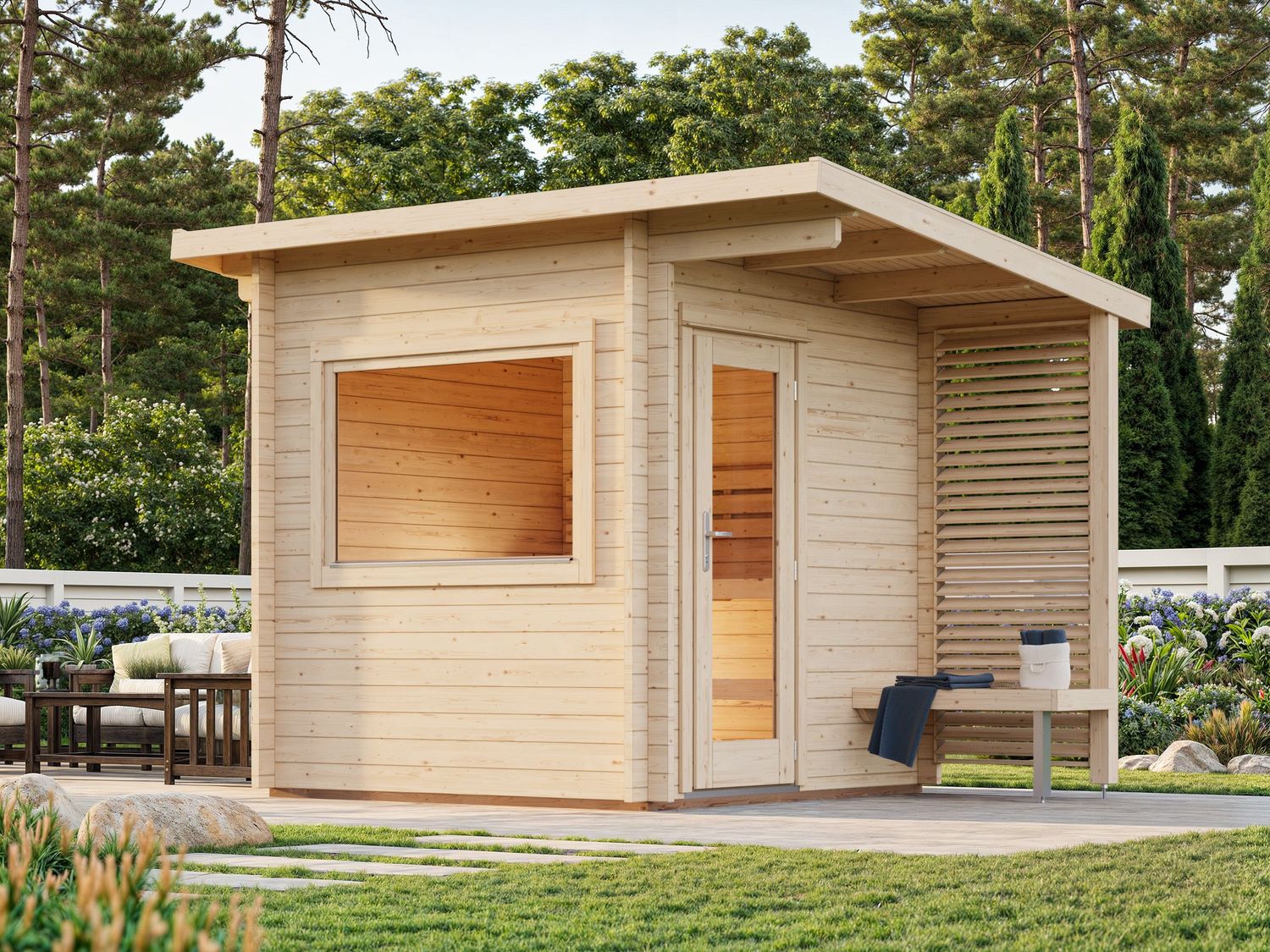 Sauna d&#39;extérieur en madriers Sanna 4,1 m2 en bois 44 mm toit plat