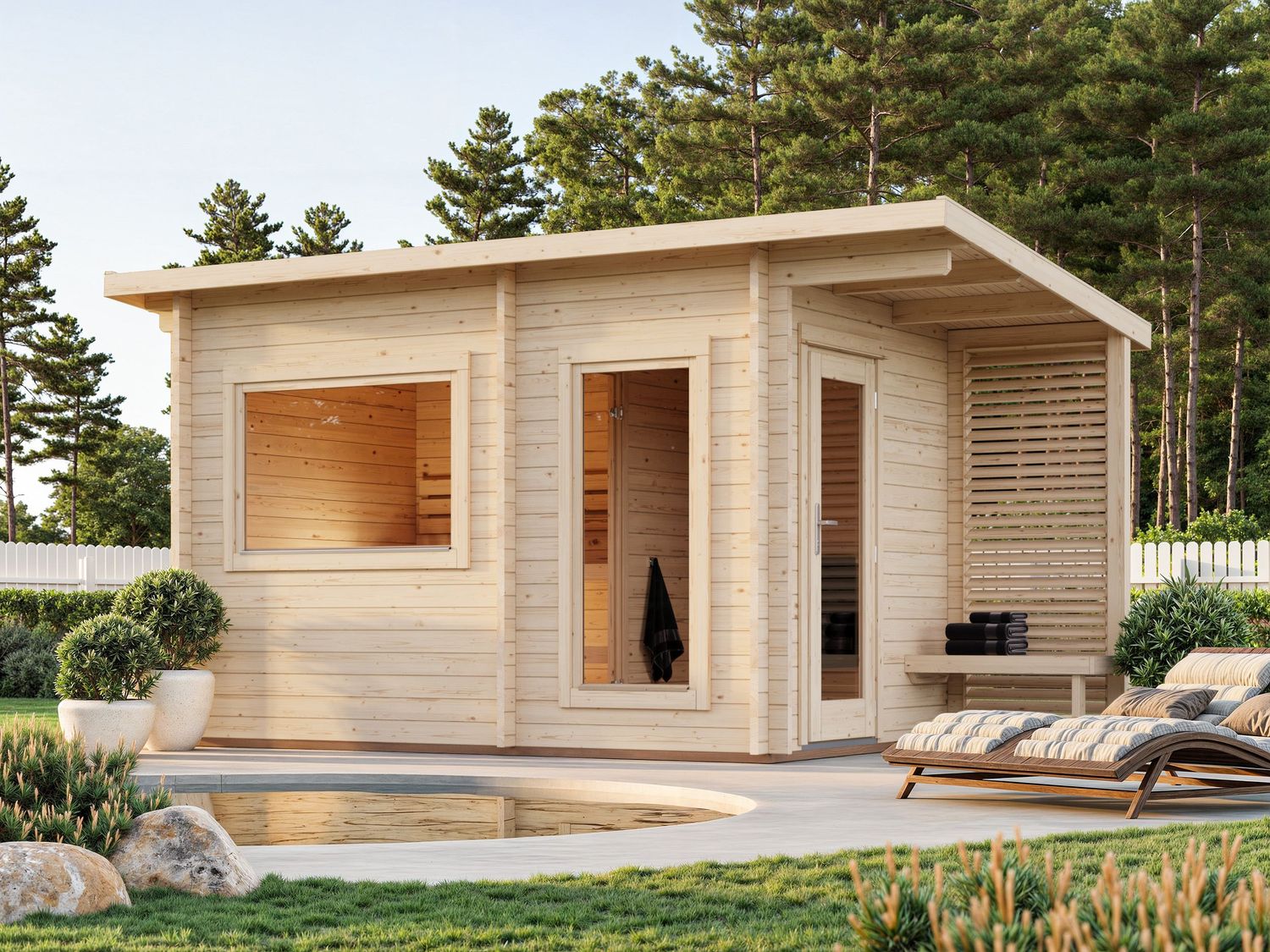 Sauna d&#39;extérieur en madriers Sanna 6,8 m2 en bois 44 mm toit plat