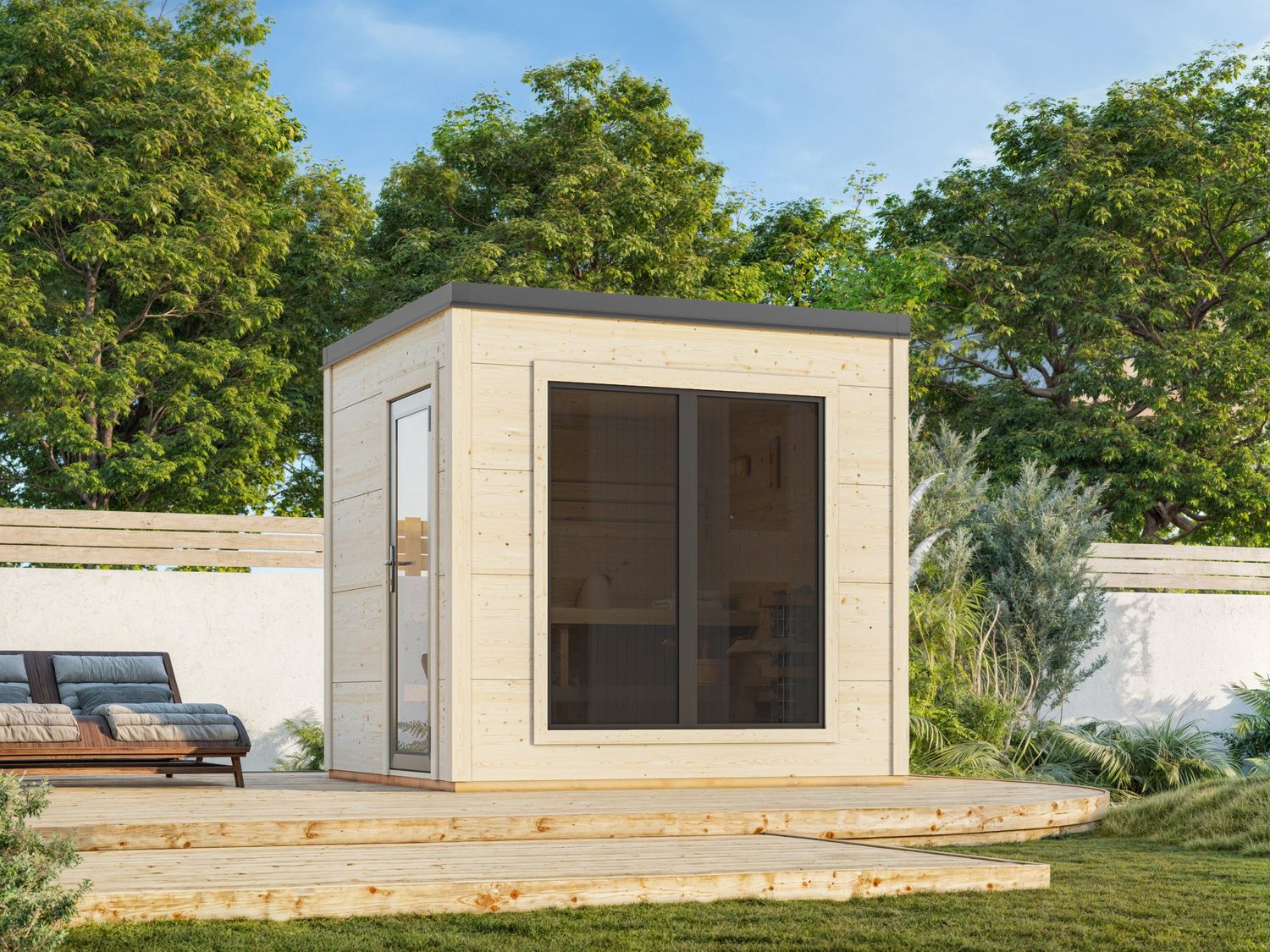 Grace Sauna 5,3 m2 d&#39;extérieur  en bois 56 mm toit plat portes et fenêtres en aluminium