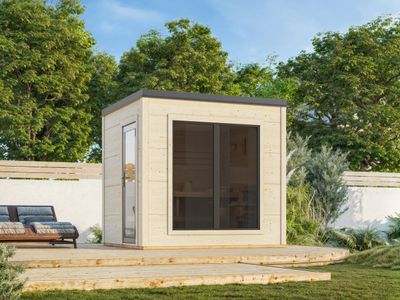 Grace Sauna 5,3 m2 d&#39;extérieur  en bois 56 mm toit plat portes et fenêtres en aluminium