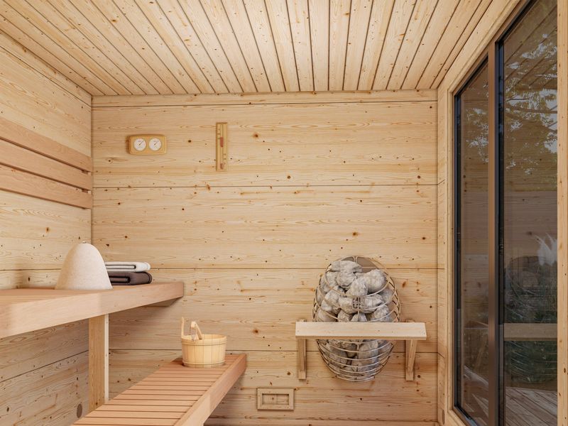 Sauna GRACE 5,3 m2 d'extérieur en bois 56 mm toit plat portes et fenêtres en aluminium