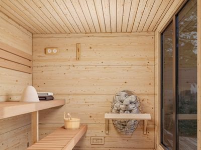 Grace Sauna 5,3 m2 d&#39;extérieur  en bois 56 mm toit plat portes et fenêtres en aluminium
