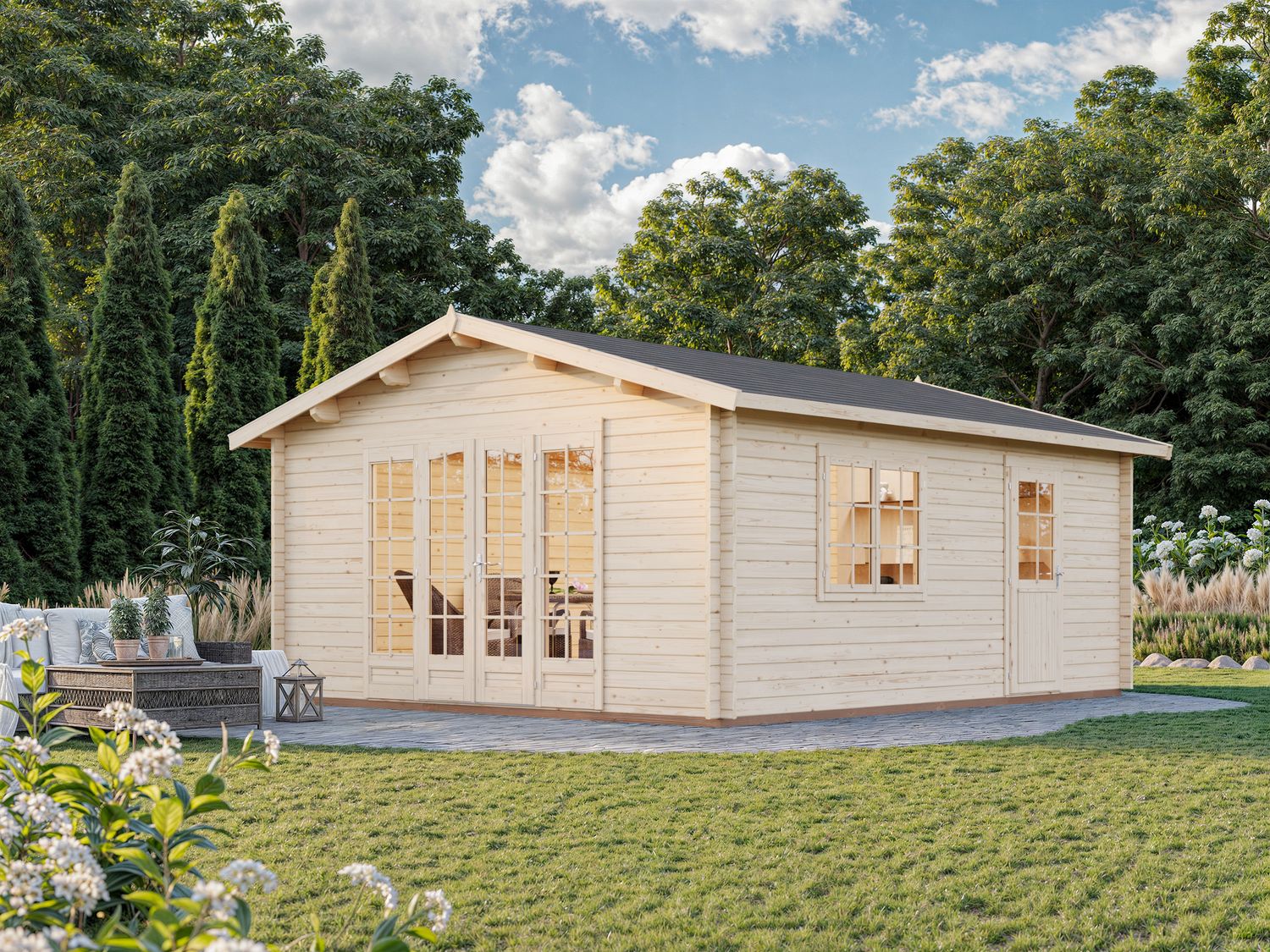 Abri de jardin deux pentes Irene 23,9 m2 en bois 44 mm au choix avec plancher
