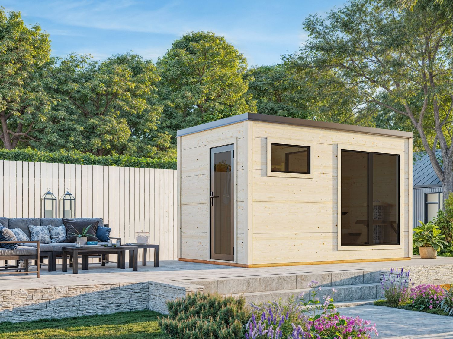 Grace Sauna 8.2 m2 d&#39;extérieur  en bois 56 mm toit plat portes et fenêtres en aluminium