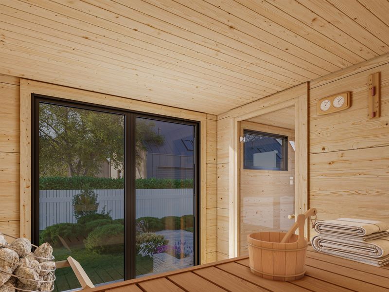 Sauna GRACE 8.2 m2 d'extérieur  en bois 56 mm toit plat portes et fenêtres en aluminium