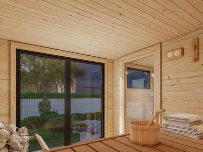 Sauna GRACE 8.2 m2 d'extérieur  en bois 56 mm toit plat portes et fenêtres en aluminium