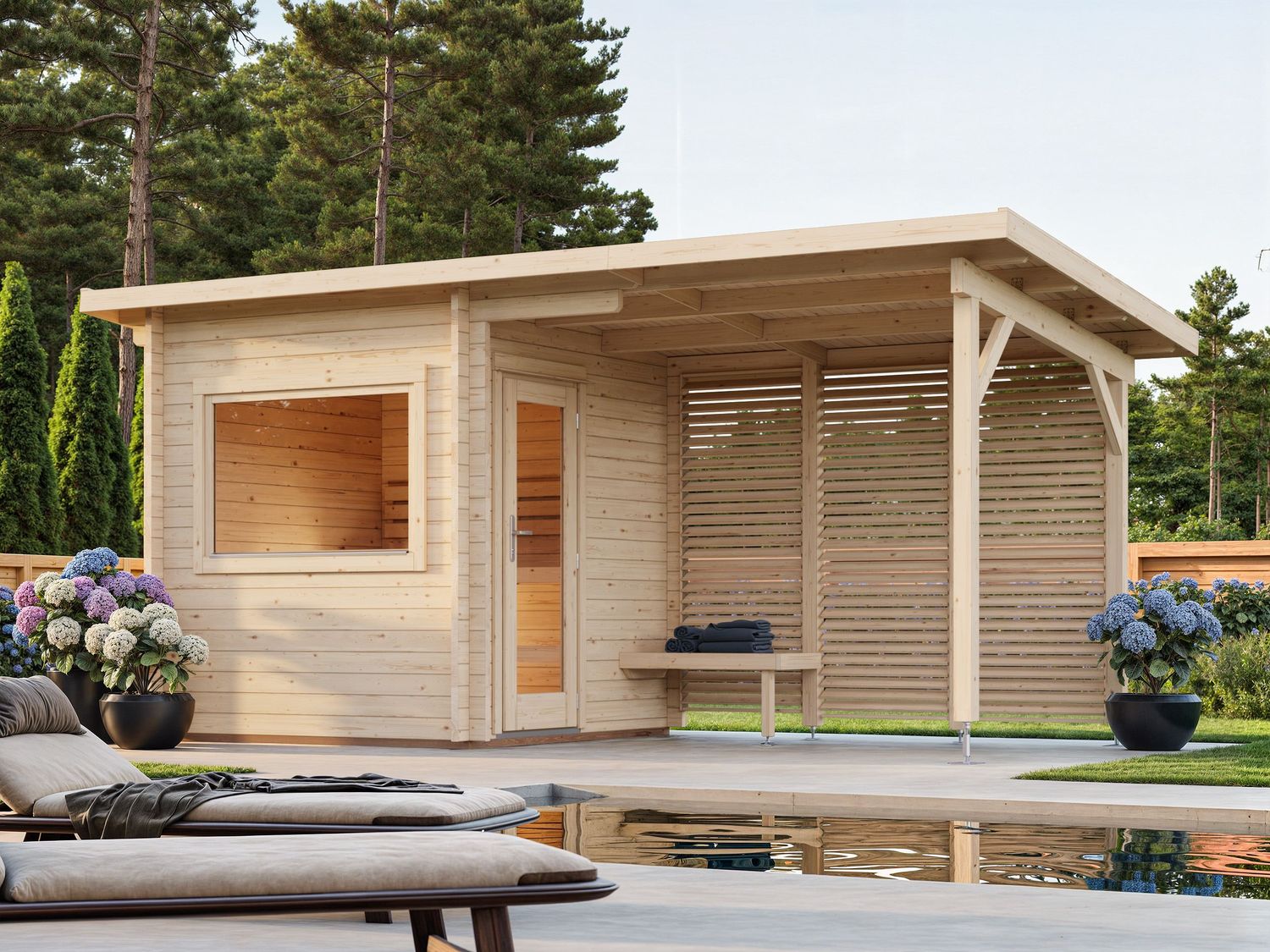 Sauna d&#39;extérieur en madriers Sanna 4.1+5.9 m2 en bois 44 mm toit plat