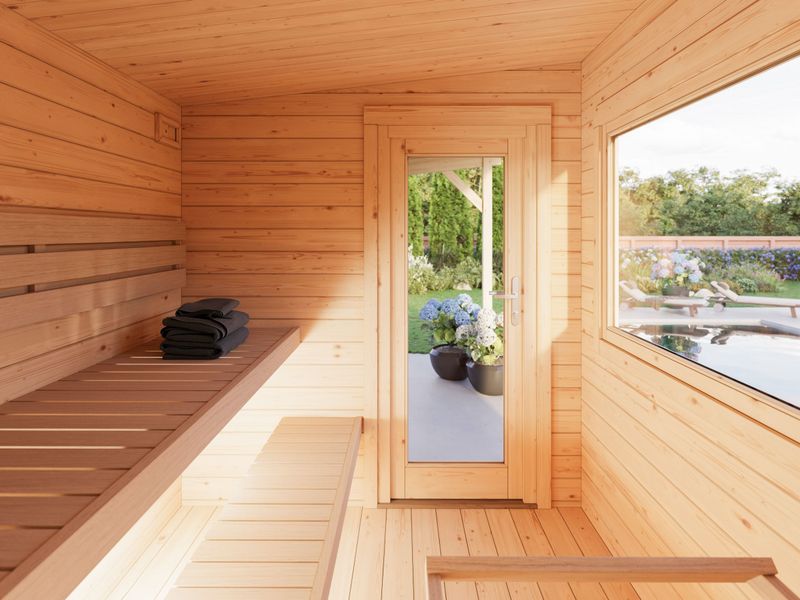 Sauna d'extérieur en madriers SANNA 4.1+5.9 m2 en bois 44 mm toit plat