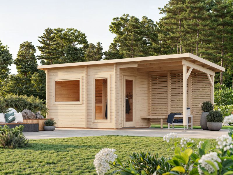 Sauna d&#39;extérieur en madriers Sanna 6,8+5.9 m2 en bois 44 mm toit plat