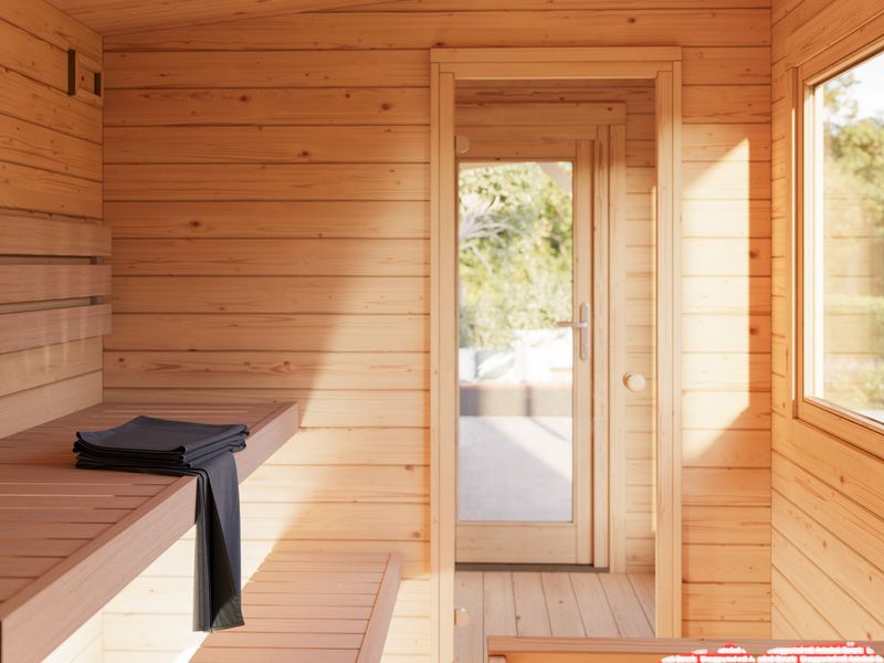 Sauna d'extérieur en madriers SANNA 6,8+5.9 m2 en bois 44 mm toit plat
