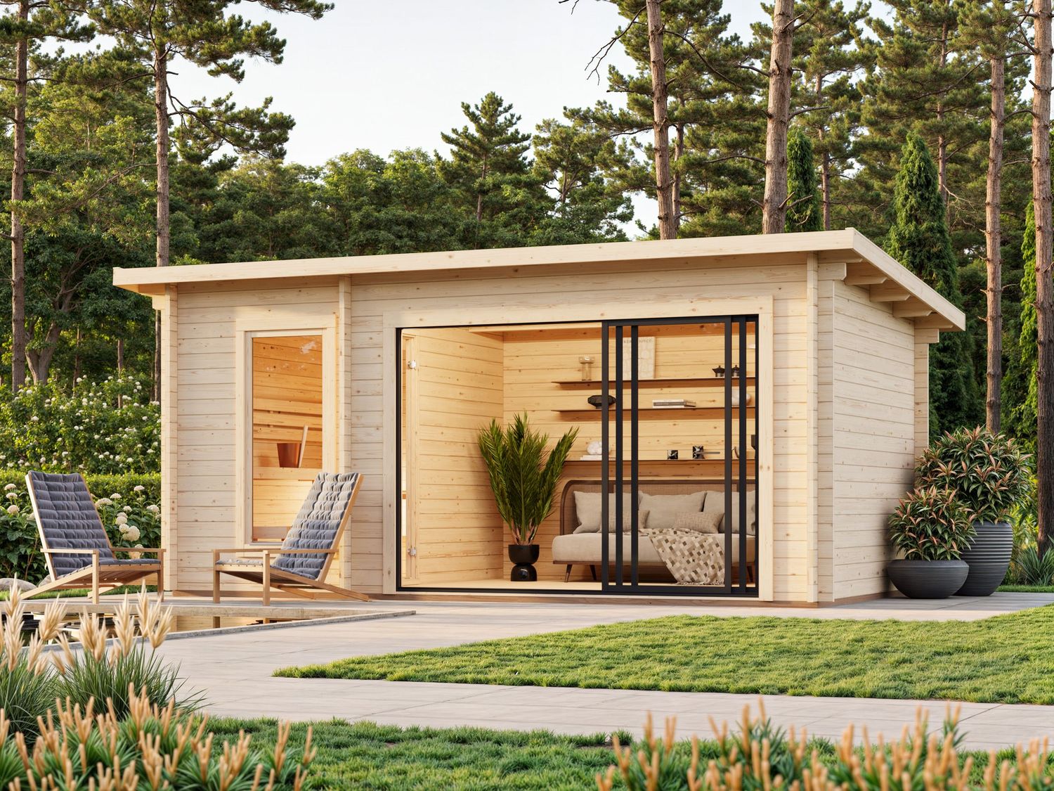 Sauna d&#39;extérieur en madriers Sanna 12,8 m2 SLIDE en bois 44 mm toit plat