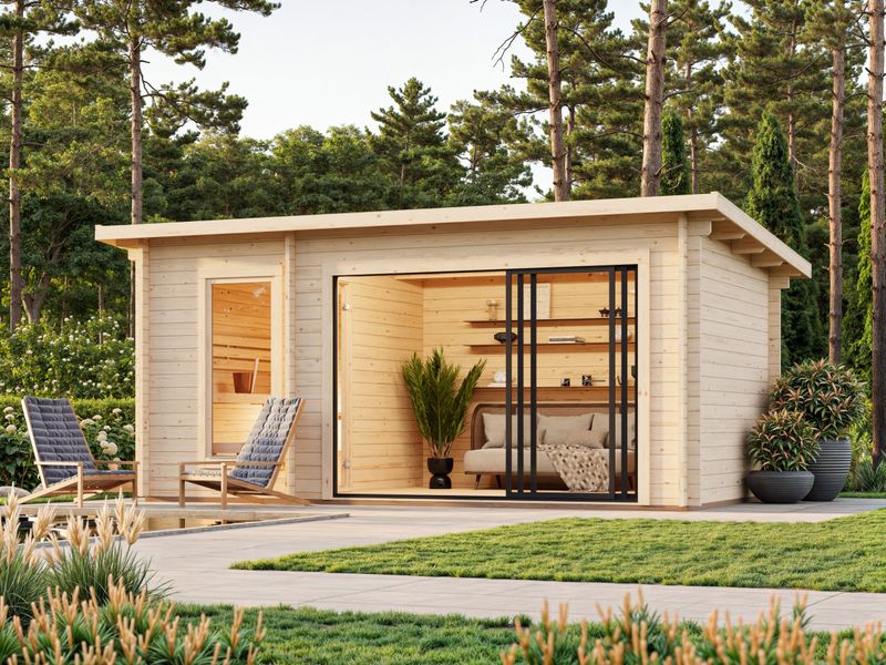 Sauna d&#39;extérieur en madriers Sanna 12,8 m2 SLIDE en bois 44 mm toit plat