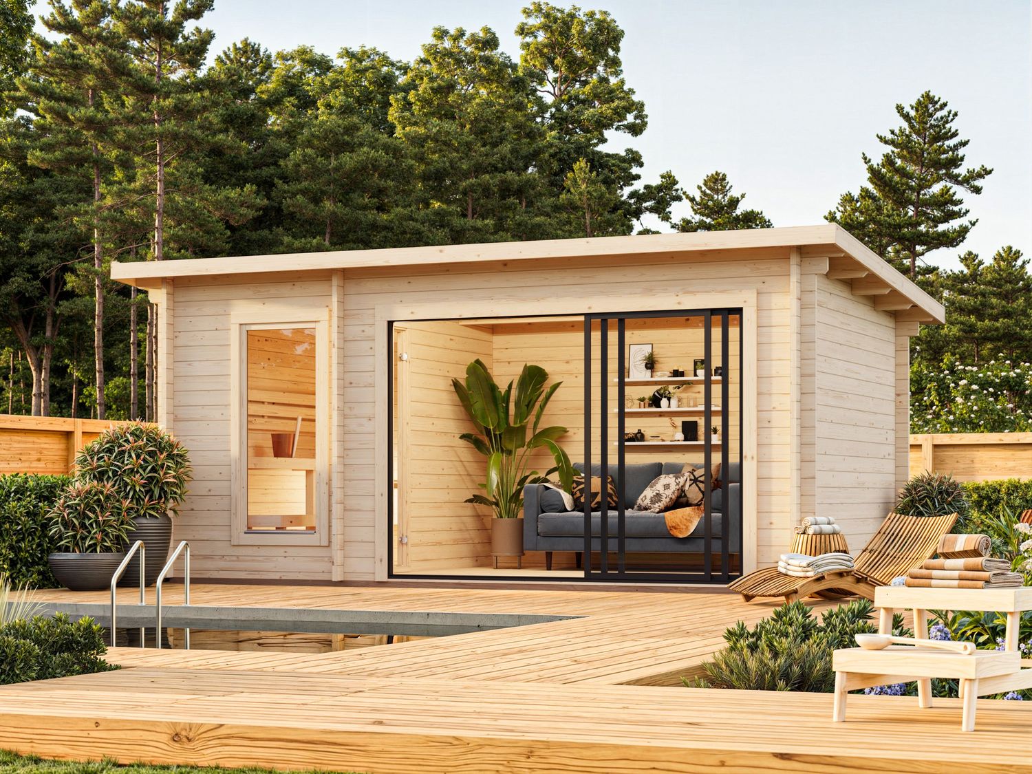 Sauna d&#39;extérieur en madriers Sanna 12,8 m2 SLIDE PLUS en bois 44 mm toit plat