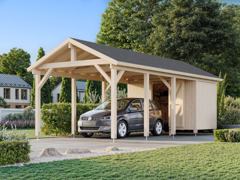 Carport deux pentes  Robert 23.1 m2 avec abri de rengement en bois traité au choix