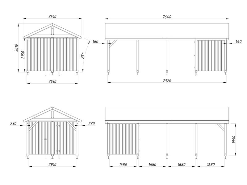 Carport deux pentes  ROBERT 23.1 m2 avec abri de rangement en bois traité au choix