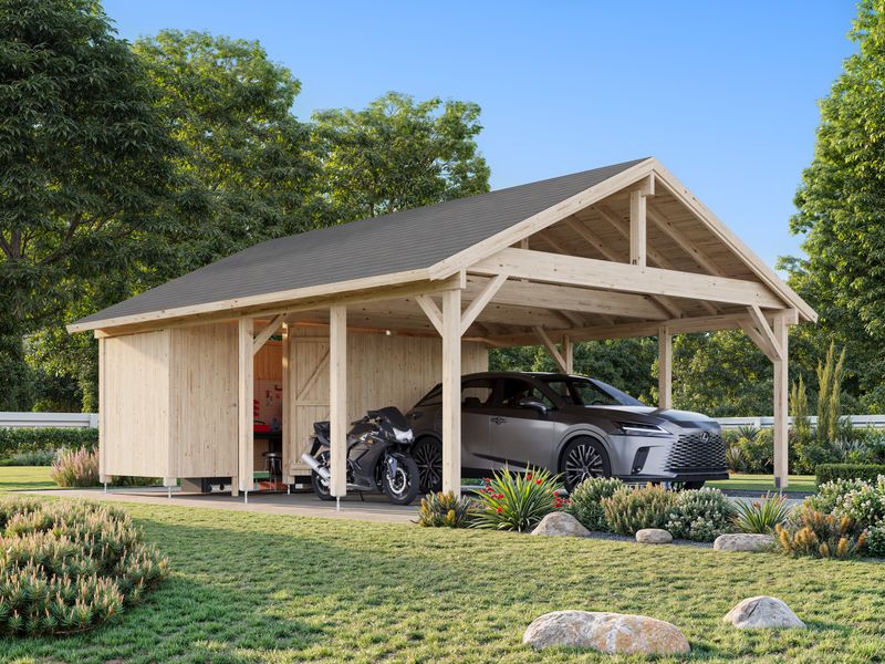 Carport deux pentes  Robert 40.6 m2  avec abri de rengement en bois traité au choix