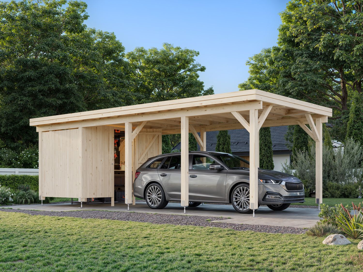 Carport toit plat Karl 23,1 m2 avec abri de rengement en bois traité au choix