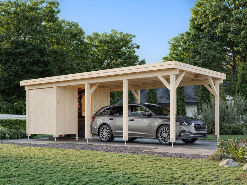 Carport toit plat Karl 23,1 m2 avec abri de rengement en bois traité au choix