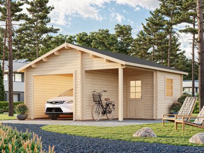 Garage toit deux pentes Roger 21,9+5,2 m2 en bois 44 mm sans porte de façade traitement au choix