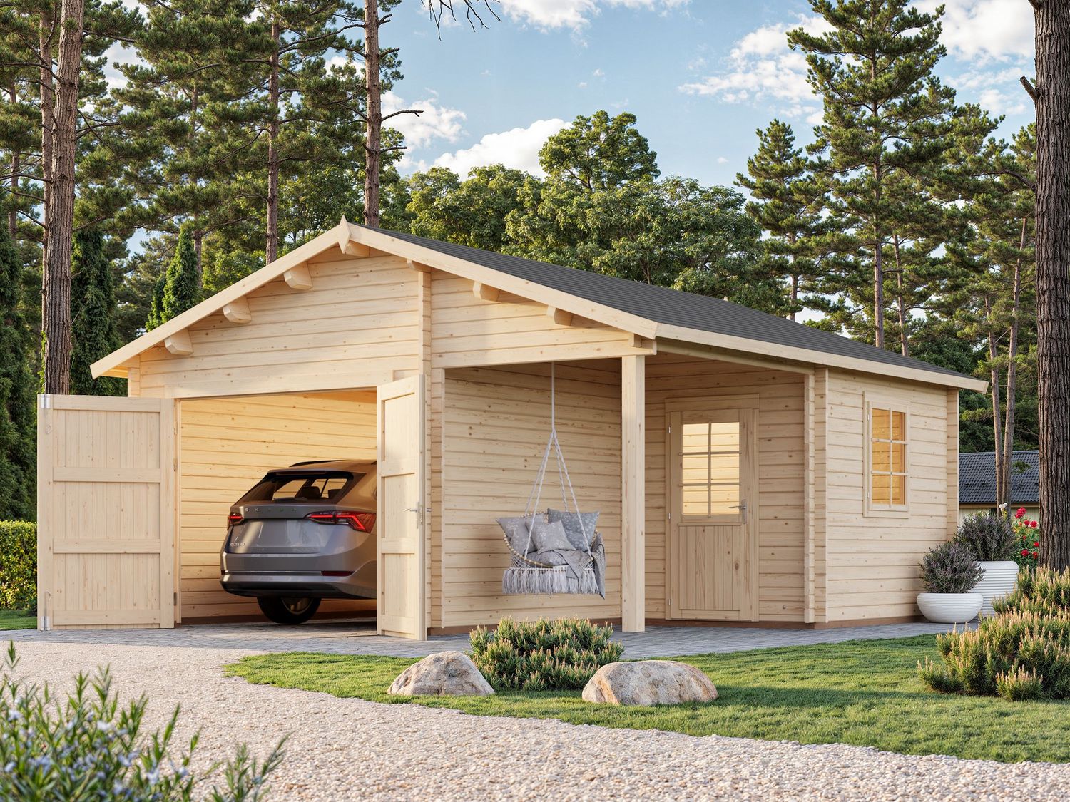 Garage toit deux pentes Roger 21,9+5,2 m2 en bois 44 mm avec porte bois traitement au choix